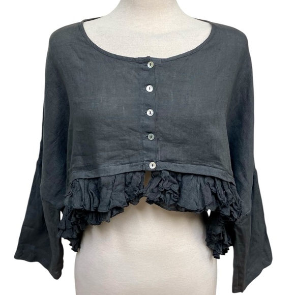 Banana Blue 100% Linen Charcoal Gray Ruffle Hem Button Front Top Women's Large - Picture 1 of 8